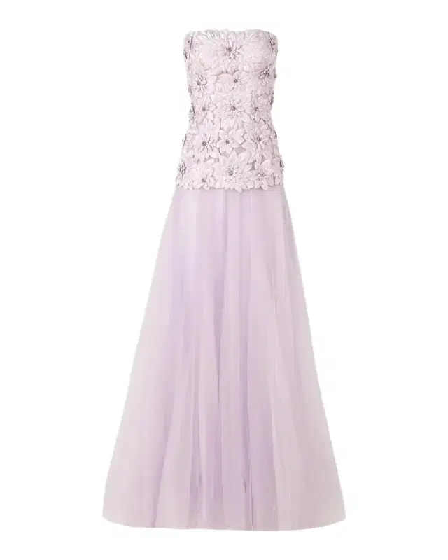 Costarellos Gisella Petal Embellished Strapless Drop-Waist Tulle Gown