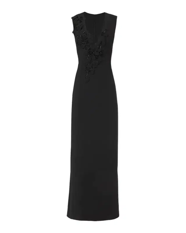 Costarellos Jevi Embellished V-Neck Crepe Sleeveless Column Gown
