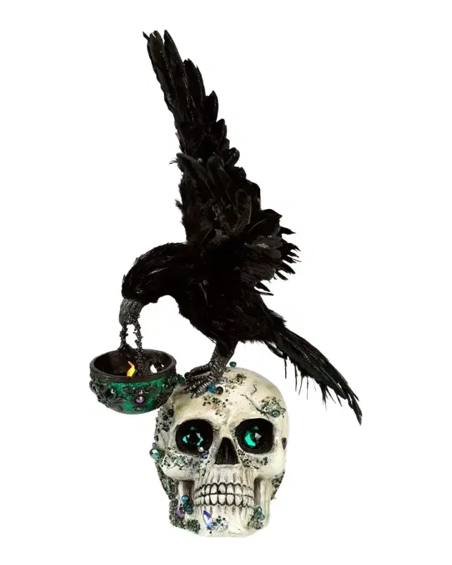 Katherine 's Collection Enchanted Emerald Widow Watchful Crow With Tea Light Lantern