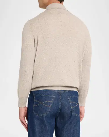 Brunello Cucinelli Men's Cashmere Long-Sleeve Polo Shirt | Thumbnail 3 Brunello Cucinelli Men's Cashmere Long-Sleeve Polo Shirt | Thumbnail 3