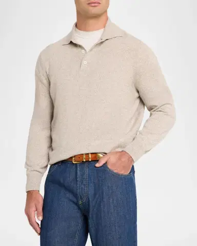 Brunello Cucinelli Men's Cashmere Long-Sleeve Polo Shirt | Thumbnail 4 Brunello Cucinelli Men's Cashmere Long-Sleeve Polo Shirt | Thumbnail 4