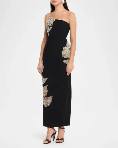 Oscar de la Renta Strapless Crystal Floral Inset Column Gown | Thumbnail 4