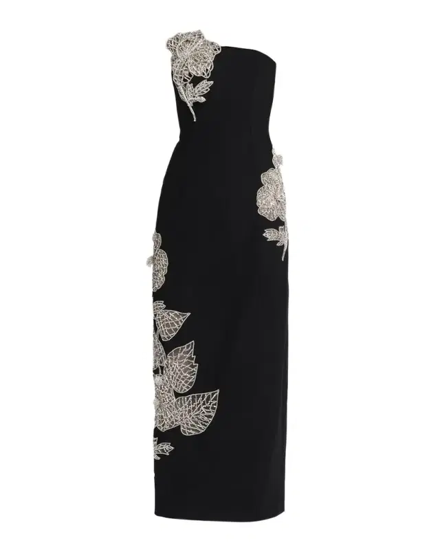 Oscar de la Renta Strapless Crystal Floral Inset Column Gown