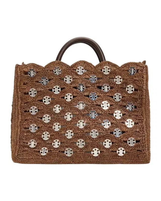Rabanne Scalloped Disc-Embellished Raffia Tote Bag