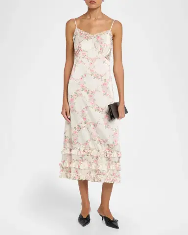 Simone Rocha Floral Satin Tiered Ruffle Midi Slip Dress | Thumbnail 2 Simone Rocha Floral Satin Tiered Ruffle Midi Slip Dress | Thumbnail 2