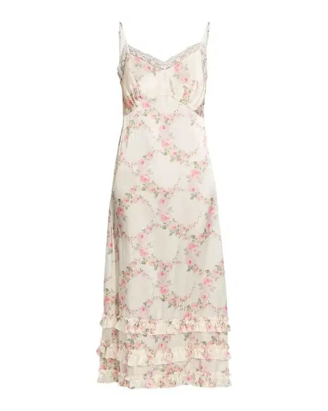 Floral Satin Tiered Ruffle Midi Slip Dress