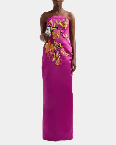 Amsale Floral Satin Strapless Column Gown | Thumbnail 2