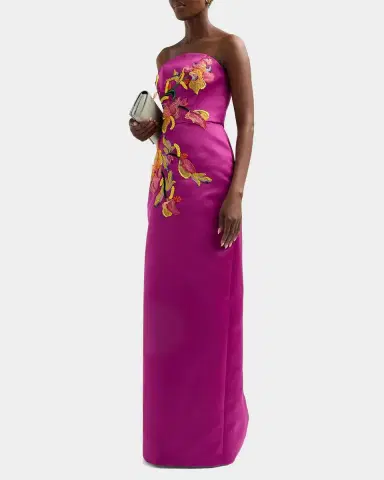 Amsale Floral Satin Strapless Column Gown | Thumbnail 4