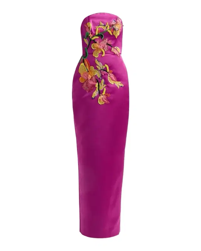 Amsale Floral Satin Strapless Column Gown