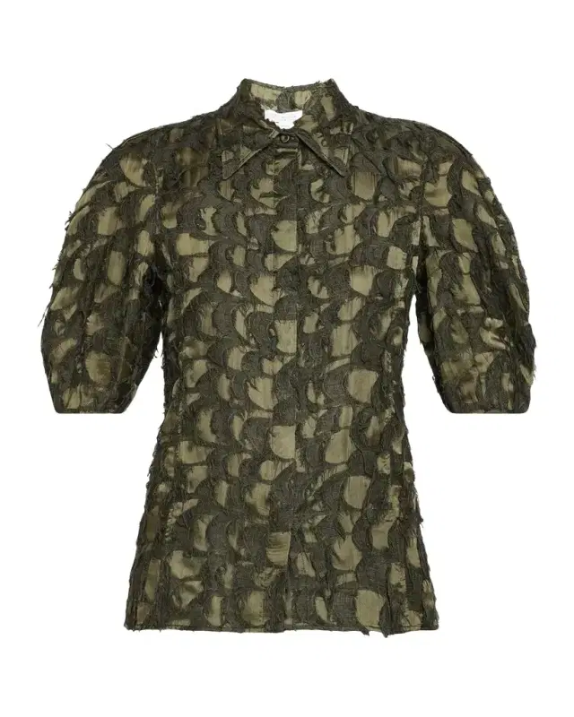 Gabriela Hearst Sansi Textured Jacquard Puff-Sleeve Button-Down Top