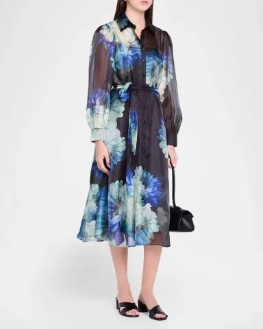 Elie Tahari Romy Floral Organza Self-Belt Midi Shirtdress | Thumbnail 4