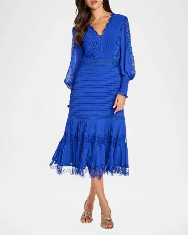 Tadashi Shoji Pleated Chiffon & Lace Bishop-Sleeve Dress | Thumbnail 2
