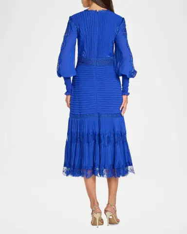 Tadashi Shoji Pleated Chiffon & Lace Bishop-Sleeve Dress | Thumbnail 3