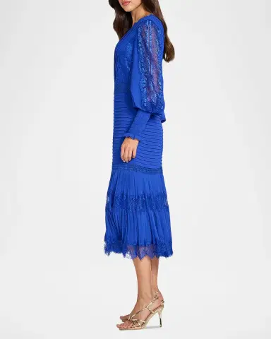 Tadashi Shoji Pleated Chiffon & Lace Bishop-Sleeve Dress | Thumbnail 4