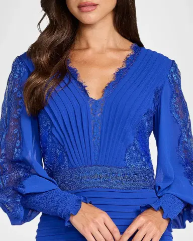 Tadashi Shoji Pleated Chiffon & Lace Bishop-Sleeve Dress | Thumbnail 5