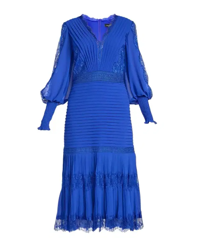 Tadashi Shoji Pleated Chiffon & Lace Bishop-Sleeve Dress