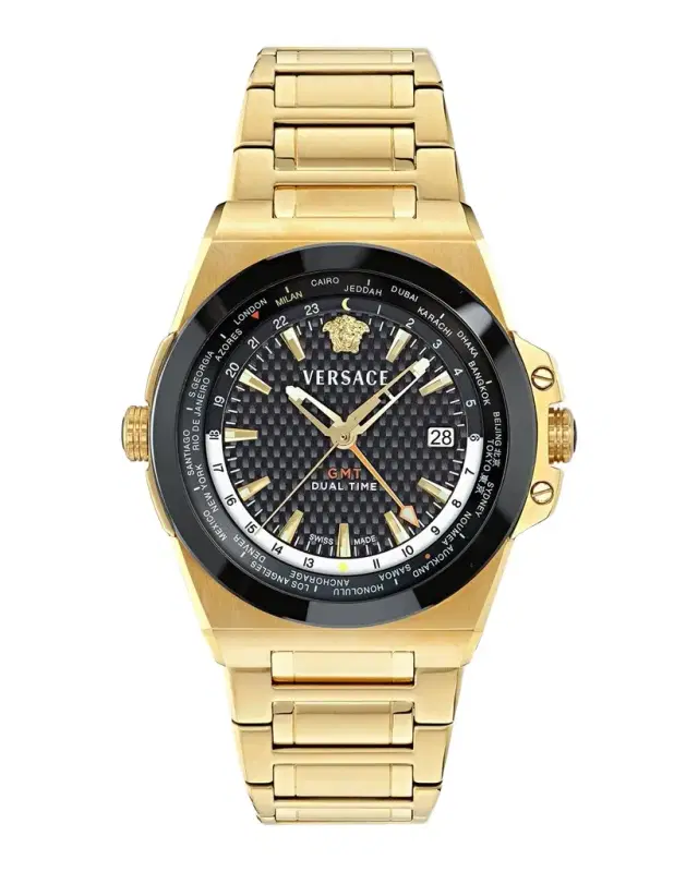 Versace Men's Greca Reaction GMT Gold-Tone IP Bracelet Watch, 44mm