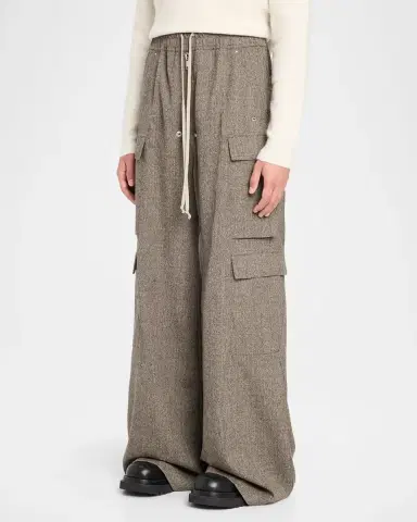 Rick Owens Men's Melange Wool Wide-Leg Drawstring Cargo Pants | Thumbnail 4 Rick Owens Men's Melange Wool Wide-Leg Drawstring Cargo Pants | Thumbnail 4