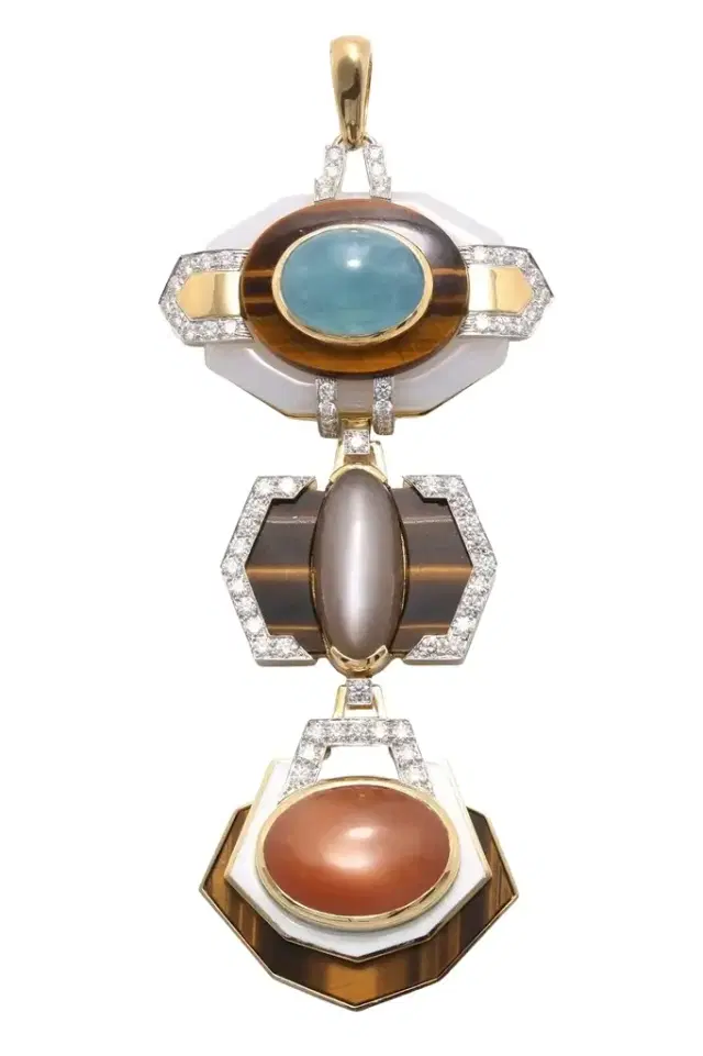 DAVID WEBB Aquamarine Diamond Tiger Eye Agate Pendant