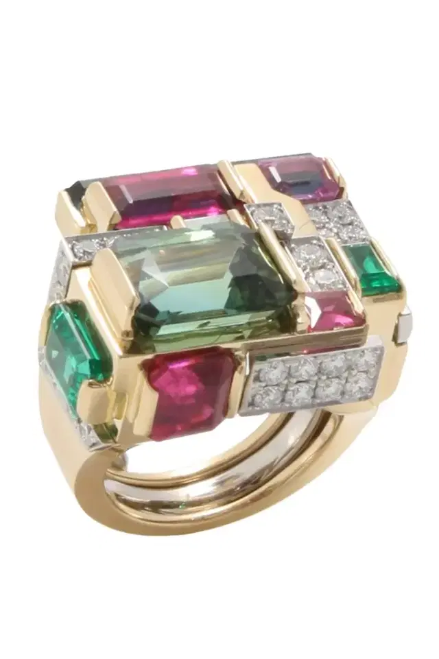 DAVID WEBB Green Tourmaline Ruelite Diamond Cubist Ring