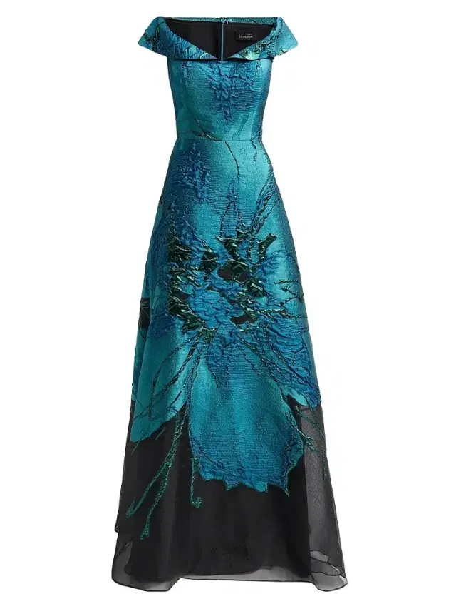 Teri Jon by Rickie Freeman Women's Floral Jacquard Organza A-Line Gown