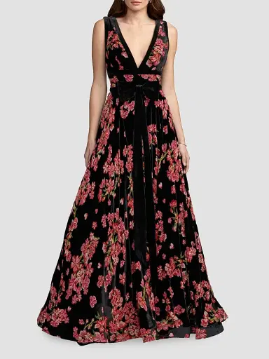 Mac Duggal Women's Floral Velvet Plunging V-Neck Ball Gown | Thumbnail 2 Mac Duggal Women's Floral Velvet Plunging V-Neck Ball Gown | Thumbnail 2