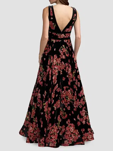 Mac Duggal Women's Floral Velvet Plunging V-Neck Ball Gown | Thumbnail 3 Mac Duggal Women's Floral Velvet Plunging V-Neck Ball Gown | Thumbnail 3