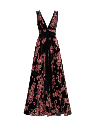 Mac Duggal Women's Floral Velvet Plunging V-Neck Ball Gown | Thumbnail 1 Mac Duggal Women's Floral Velvet Plunging V-Neck Ball Gown | Thumbnail 1
