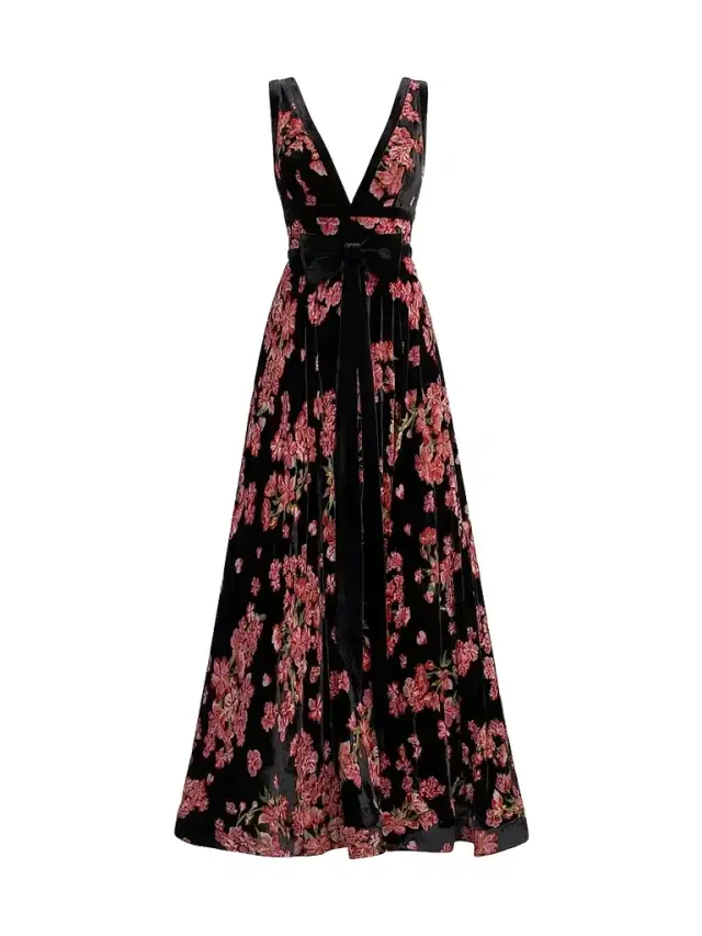 Mac Duggal Women's Floral Velvet Plunging V-Neck Ball Gown