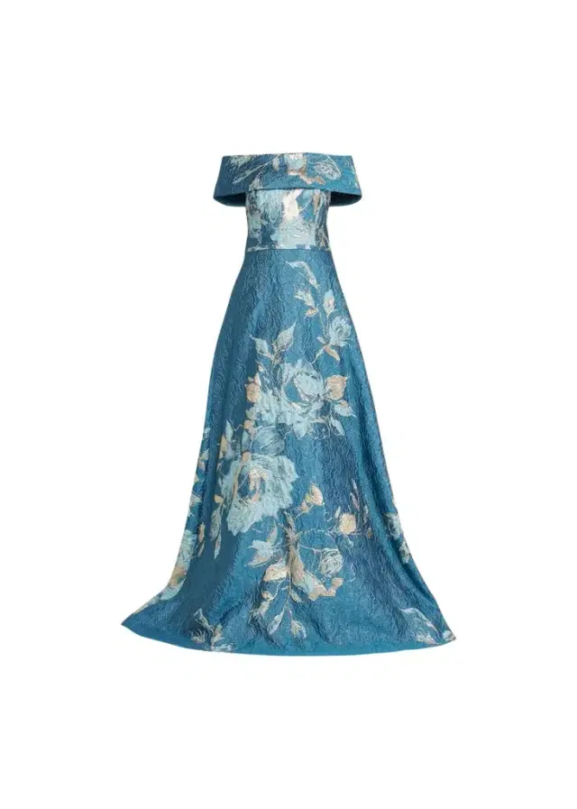 Rickie Freeman for Teri Jon Off-Shoulder Metallic Flower Jacquard Gown