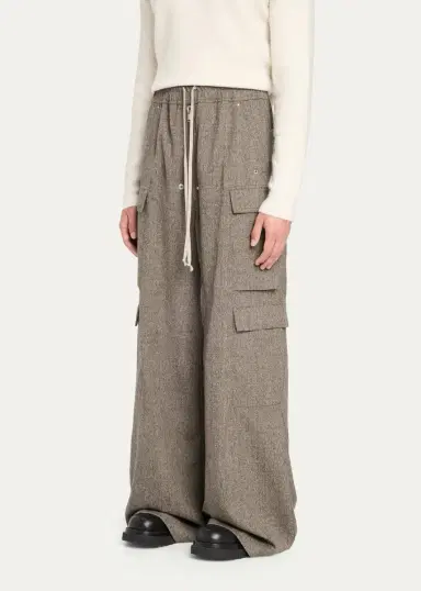 Rick Owens Men's Melange Wool Wide-Leg Drawstring Cargo Pants | Thumbnail 4 Rick Owens Men's Melange Wool Wide-Leg Drawstring Cargo Pants | Thumbnail 4