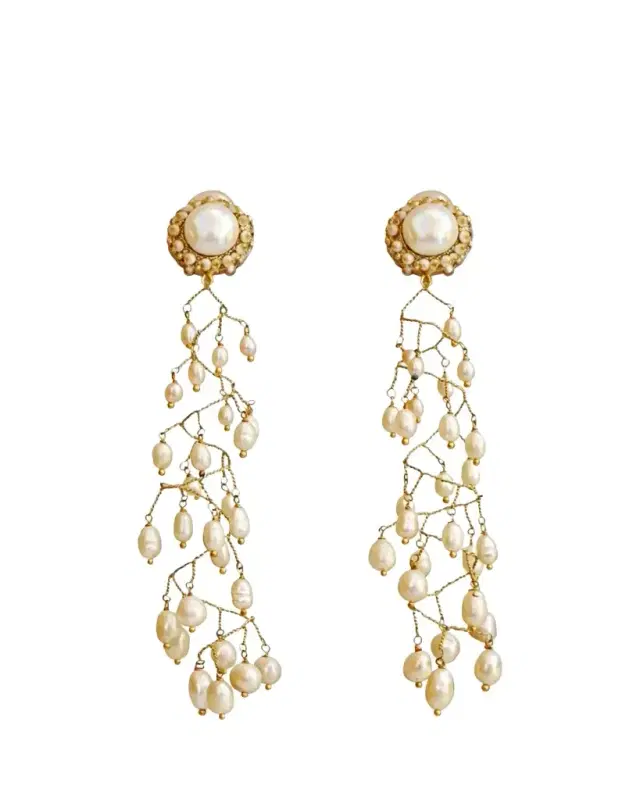 RANJANA KHAN Pearl Twirl 14K Yellow Gold Plated Clip-On Chandelier Earrings