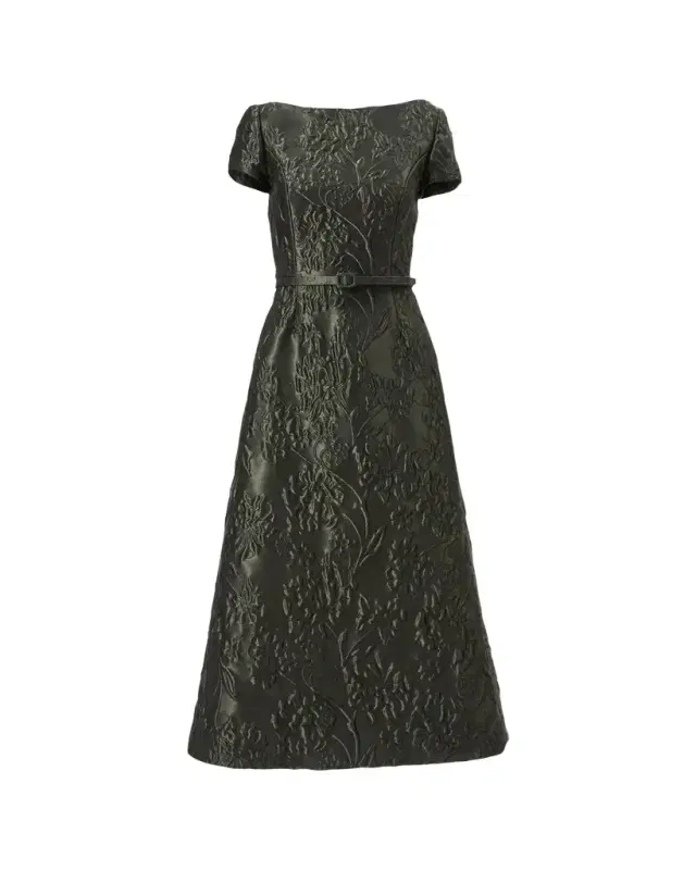 Carolina Herrera Boat-Neck Floral Textured Jacquard Belted Midi Dress