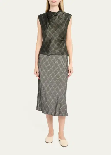 Vince Diamond Plaid Silk Cowl-Neck Top | Thumbnail 2