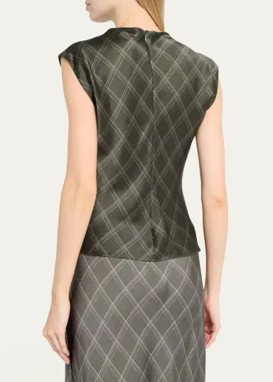 Vince Diamond Plaid Silk Cowl-Neck Top | Thumbnail 3