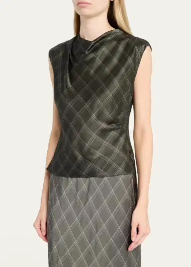 Vince Diamond Plaid Silk Cowl-Neck Top | Thumbnail 4