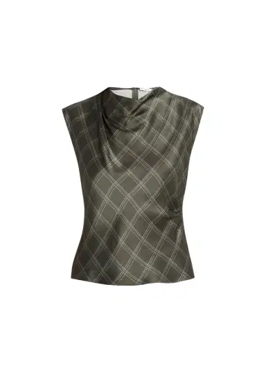 Vince Diamond Plaid Silk Cowl-Neck Top | Thumbnail 1