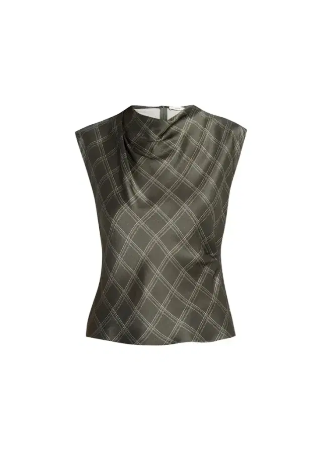 Vince Diamond Plaid Silk Cowl-Neck Top