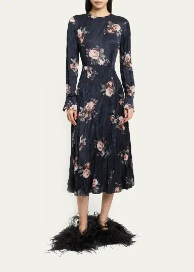 Erdem Floral Crushed Satin Crewneck Midi Dress | Thumbnail 2 Erdem Floral Crushed Satin Crewneck Midi Dress | Thumbnail 2