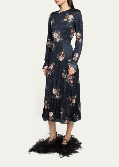 Erdem Floral Crushed Satin Crewneck Midi Dress | Thumbnail 4 Erdem Floral Crushed Satin Crewneck Midi Dress | Thumbnail 4