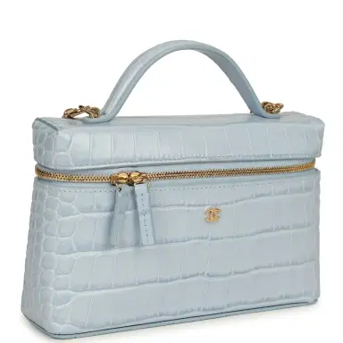 Chanel Chanel Top Handle Long Vanity Case with Chain Light Blue Croc Embossed Calfskin Gold Hardware | Thumbnail 2 Chanel Chanel Top Handle Long Vanity Case with Chain Light Blue Croc Embossed Calfskin Gold Hardware | Thumbnail 2