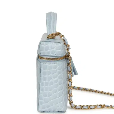 Chanel Chanel Top Handle Long Vanity Case with Chain Light Blue Croc Embossed Calfskin Gold Hardware | Thumbnail 3 Chanel Chanel Top Handle Long Vanity Case with Chain Light Blue Croc Embossed Calfskin Gold Hardware | Thumbnail 3