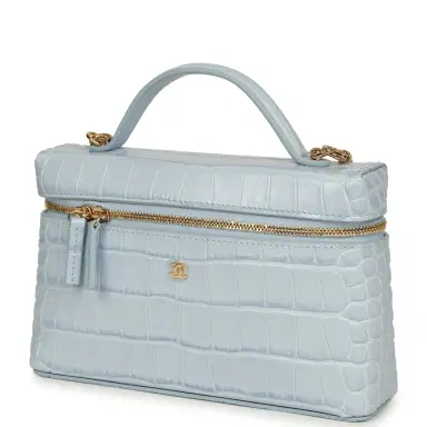 Chanel Chanel Top Handle Long Vanity Case with Chain Light Blue Croc Embossed Calfskin Gold Hardware | Thumbnail 5 Chanel Chanel Top Handle Long Vanity Case with Chain Light Blue Croc Embossed Calfskin Gold Hardware | Thumbnail 5
