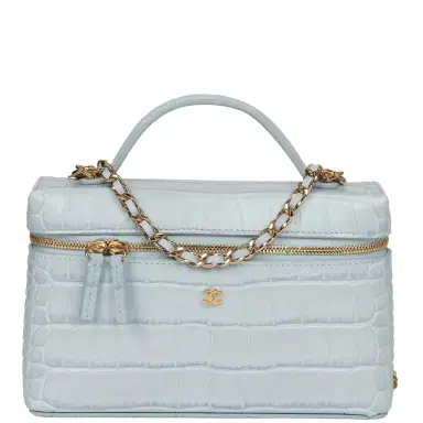Chanel Chanel Top Handle Long Vanity Case with Chain Light Blue Croc Embossed Calfskin Gold Hardware | Thumbnail 1 Chanel Chanel Top Handle Long Vanity Case with Chain Light Blue Croc Embossed Calfskin Gold Hardware | Thumbnail 1