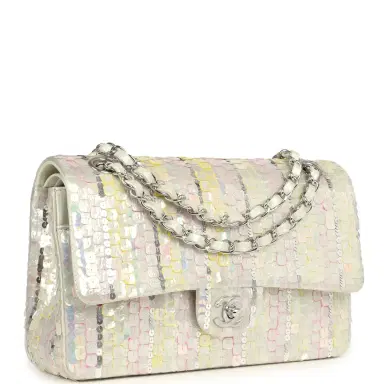 Chanel Pre-owned Chanel Medium Sequin Classic Double Flap Bag Light Grey, Pink, Yellow Embroidered Satin Silver Hardware | Thumbnail 2 Chanel Pre-owned Chanel Medium Sequin Classic Double Flap Bag Light Grey, Pink, Yellow Embroidered Satin Silver Hardware | Thumbnail 2