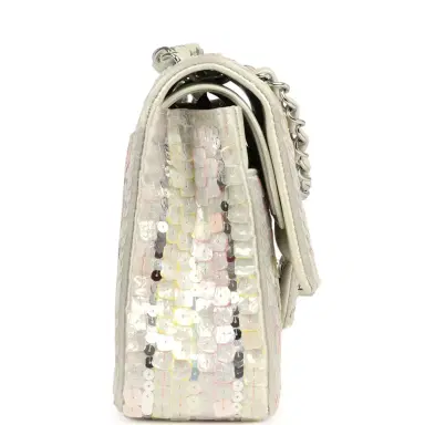 Chanel Pre-owned Chanel Medium Sequin Classic Double Flap Bag Light Grey, Pink, Yellow Embroidered Satin Silver Hardware | Thumbnail 3 Chanel Pre-owned Chanel Medium Sequin Classic Double Flap Bag Light Grey, Pink, Yellow Embroidered Satin Silver Hardware | Thumbnail 3