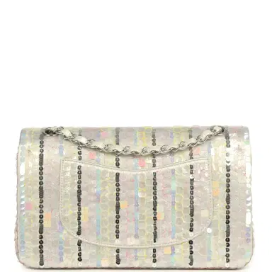 Chanel Pre-owned Chanel Medium Sequin Classic Double Flap Bag Light Grey, Pink, Yellow Embroidered Satin Silver Hardware | Thumbnail 4 Chanel Pre-owned Chanel Medium Sequin Classic Double Flap Bag Light Grey, Pink, Yellow Embroidered Satin Silver Hardware | Thumbnail 4