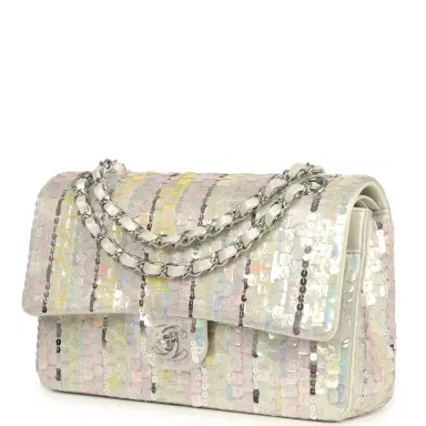 Chanel Pre-owned Chanel Medium Sequin Classic Double Flap Bag Light Grey, Pink, Yellow Embroidered Satin Silver Hardware | Thumbnail 5 Chanel Pre-owned Chanel Medium Sequin Classic Double Flap Bag Light Grey, Pink, Yellow Embroidered Satin Silver Hardware | Thumbnail 5