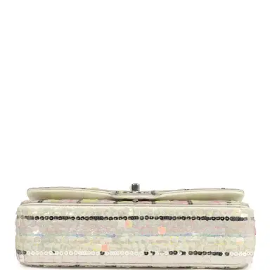 Chanel Pre-owned Chanel Medium Sequin Classic Double Flap Bag Light Grey, Pink, Yellow Embroidered Satin Silver Hardware | Thumbnail 6 Chanel Pre-owned Chanel Medium Sequin Classic Double Flap Bag Light Grey, Pink, Yellow Embroidered Satin Silver Hardware | Thumbnail 6