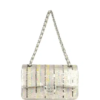 Chanel Pre-owned Chanel Medium Sequin Classic Double Flap Bag Light Grey, Pink, Yellow Embroidered Satin Silver Hardware | Thumbnail 7 Chanel Pre-owned Chanel Medium Sequin Classic Double Flap Bag Light Grey, Pink, Yellow Embroidered Satin Silver Hardware | Thumbnail 7